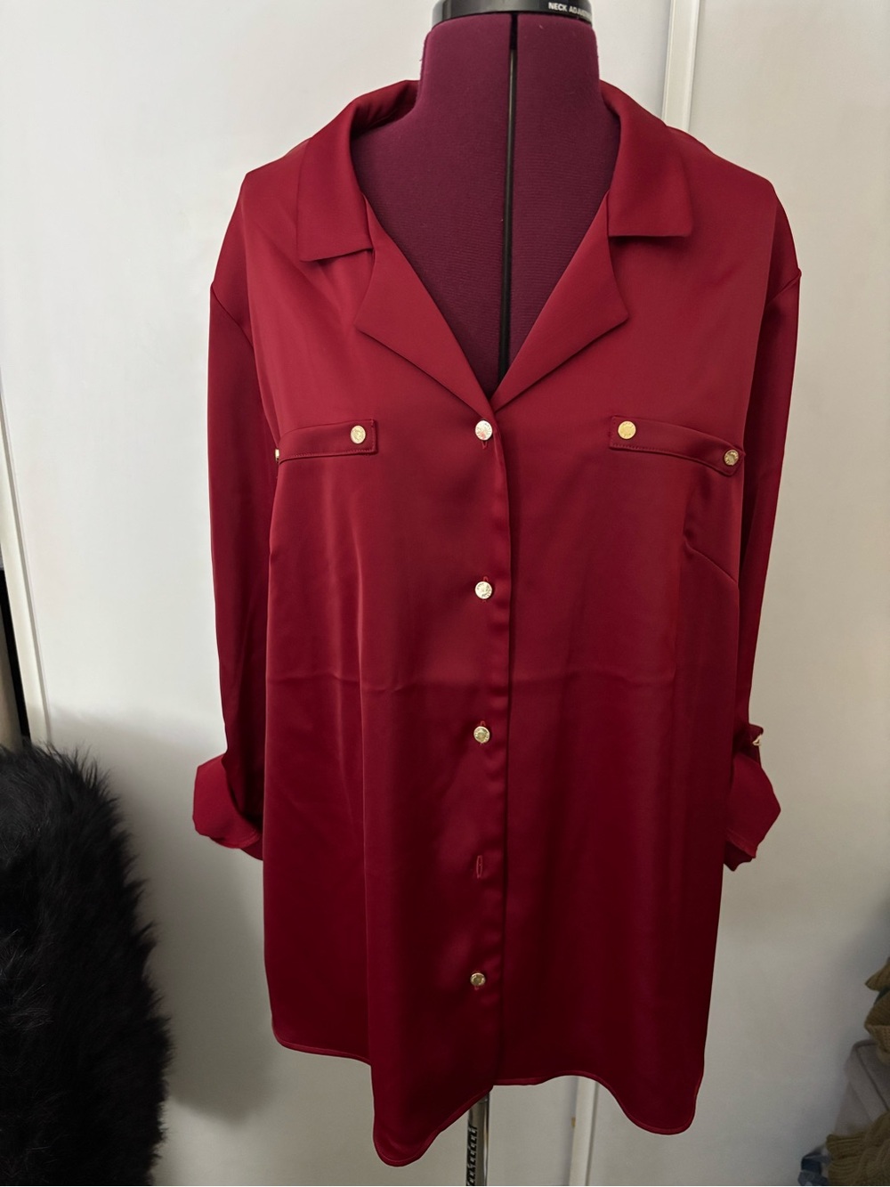 NWT Anne Klein Women's Burgundy Button-Front Satin Blouse, Size 1X